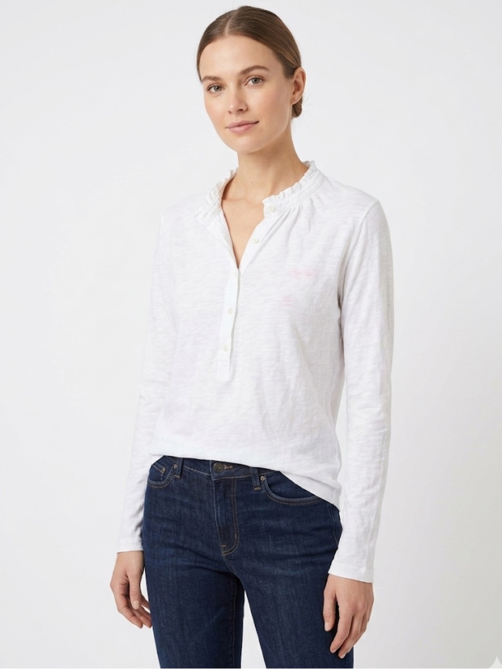 Hartford White Long-Sleeve Ruffled Henley Top